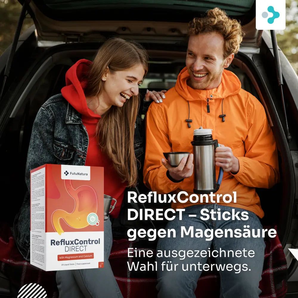 Mann mit Bauchschmerzen neben FutuNatura RefluxAid DIRECT Getränk.