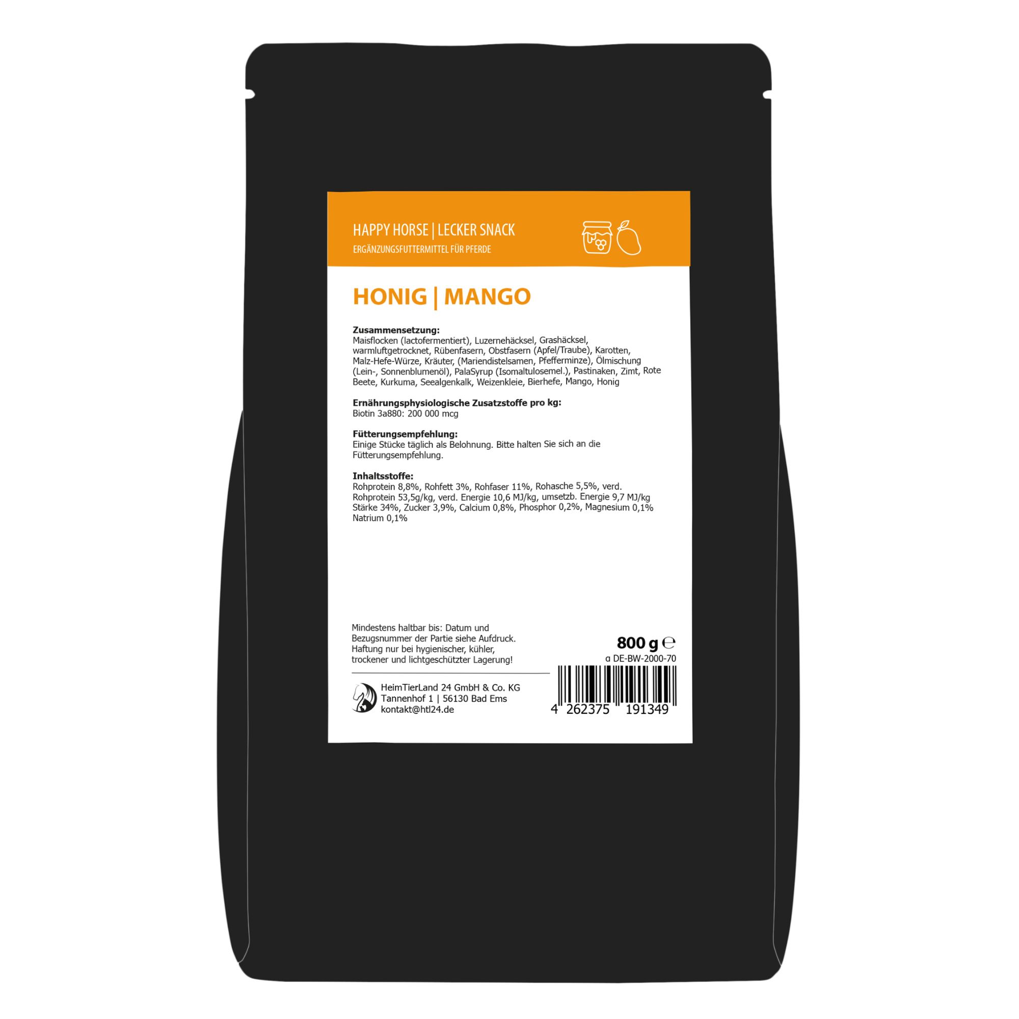 Rückseite der schwarzen Verpackung. Orangefarbenes Etikett mit Produktinformationen und Nährwertangaben.