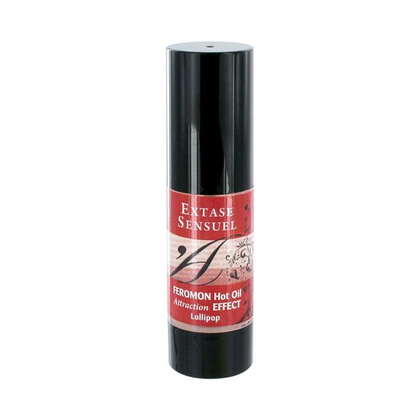 Schwarzer Flakon mit rotem Etikett: Extase Sensuel, Feronon Hot Oil, Attraction Effect, Lollipop.
