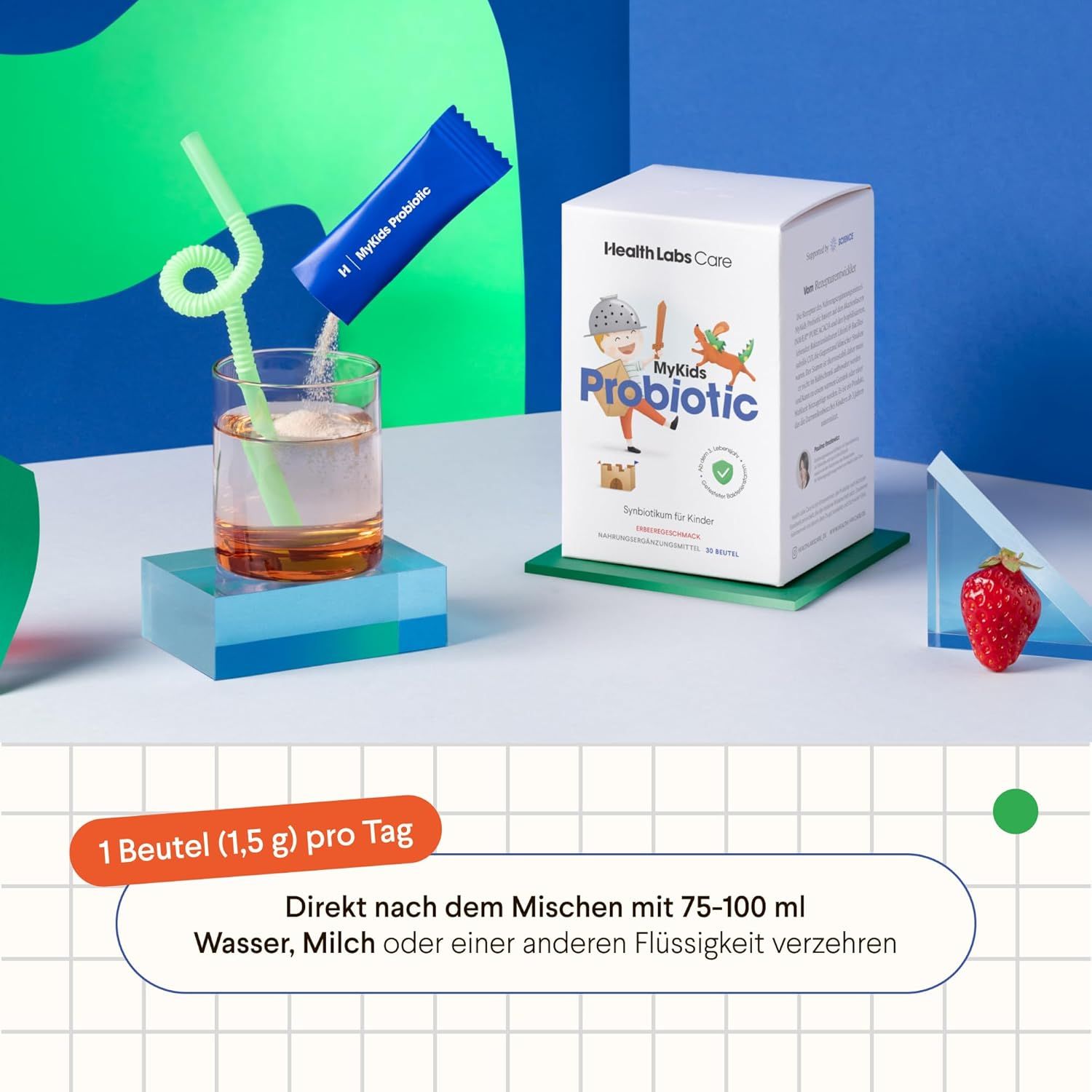 Produktverpackung und Beutel mit Probiotikum. Ein Beutel wird in ein Glas gegossen. Text: 1 Beutel (1,5 g) pro Tag.