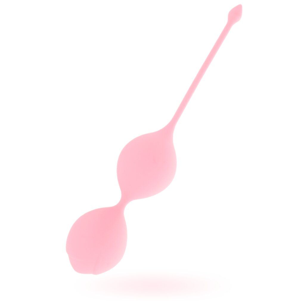 Zwei rosa Kegel aus Silikon, verbunden durch einen Steg, mit einem langen Griff. Für Beckenbodentraining.