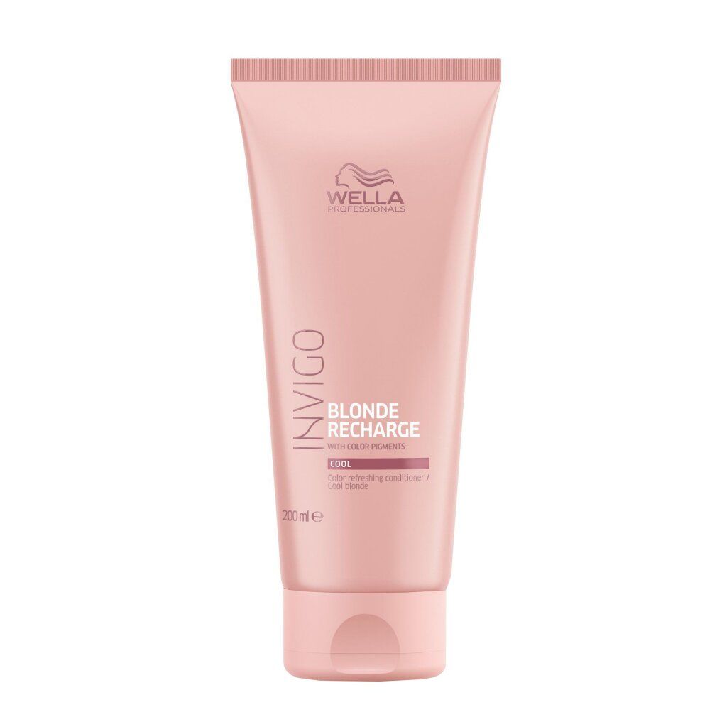 Rosa Tube mit Wella-Logo und INVIGO-Schriftzug. Blonde Recharge Cool Conditioner.