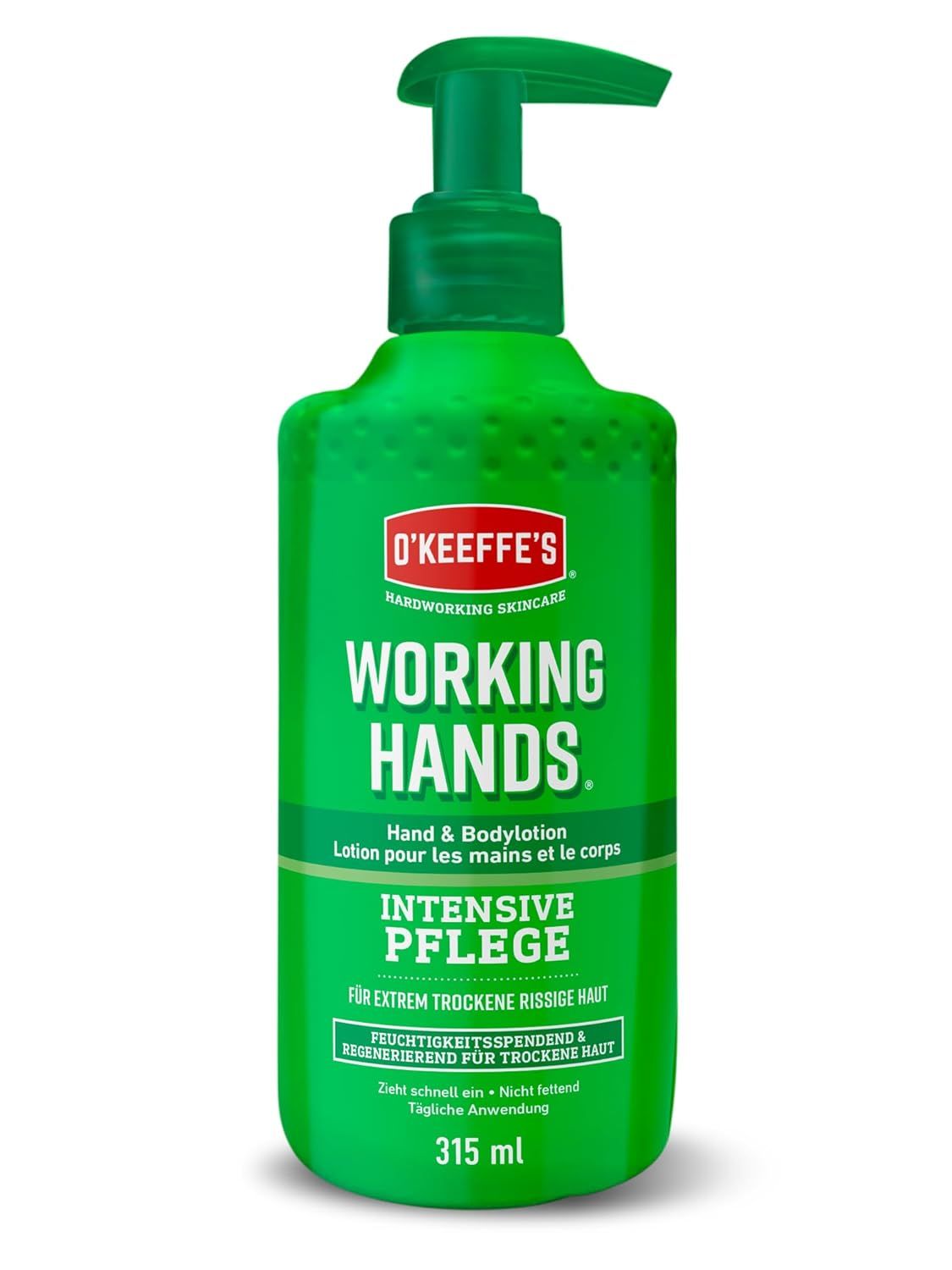 Grüne Flasche mit Spender. O'Keeffe's Working Hands Hand & Bodylotion. Text: Intensive Pflege, für extrem trockene, rissige Haut. 315 ml.