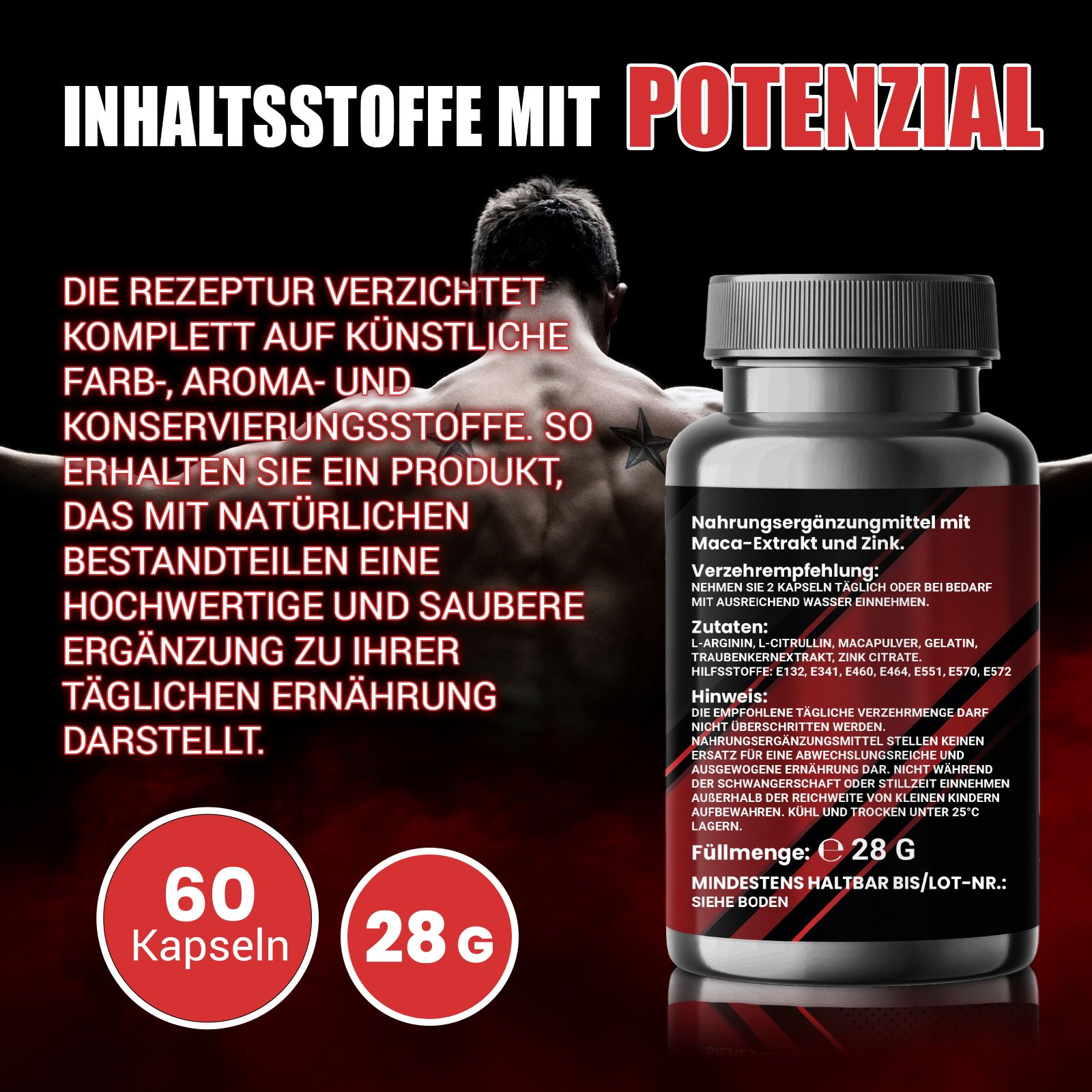 Produktflasche vor einem verschwommenen Hintergrund. Aufschrift: ANA-BILOX, Nahrungsergänzungsmittel mit Maca-Extrakt und Zink. 60 Kapseln, 28g. Text über Inhaltsstoffe.