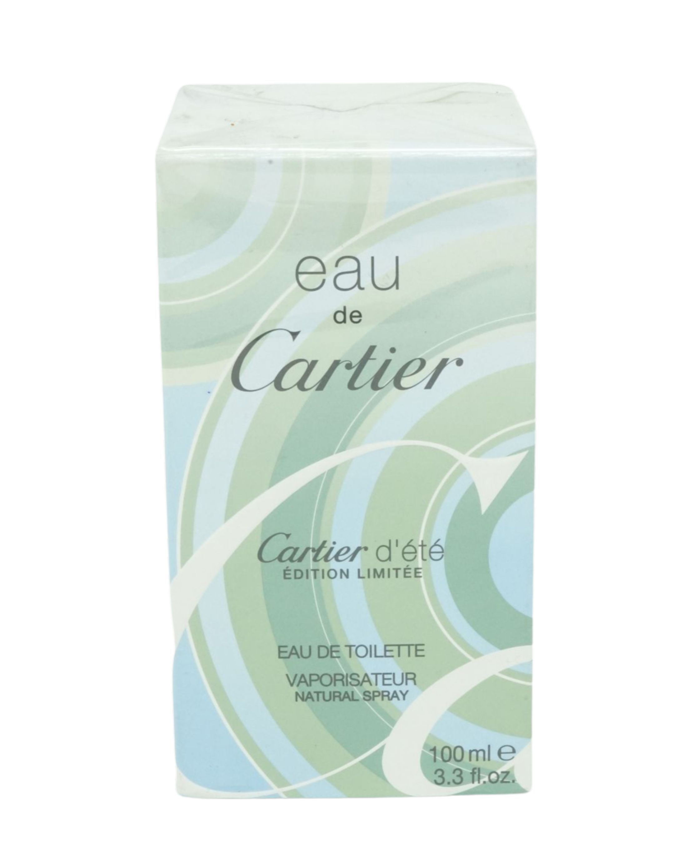Cartier Eau de Toilette, Limited Edition, in Verpackung. Hellblau-grünes Design mit Schriftzug "eau de Cartier" und "Cartier d'été".