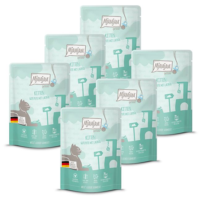 MjAMjAM - Quetschie Kitten gute Pute mit Lachsöl 6x300 g Futter