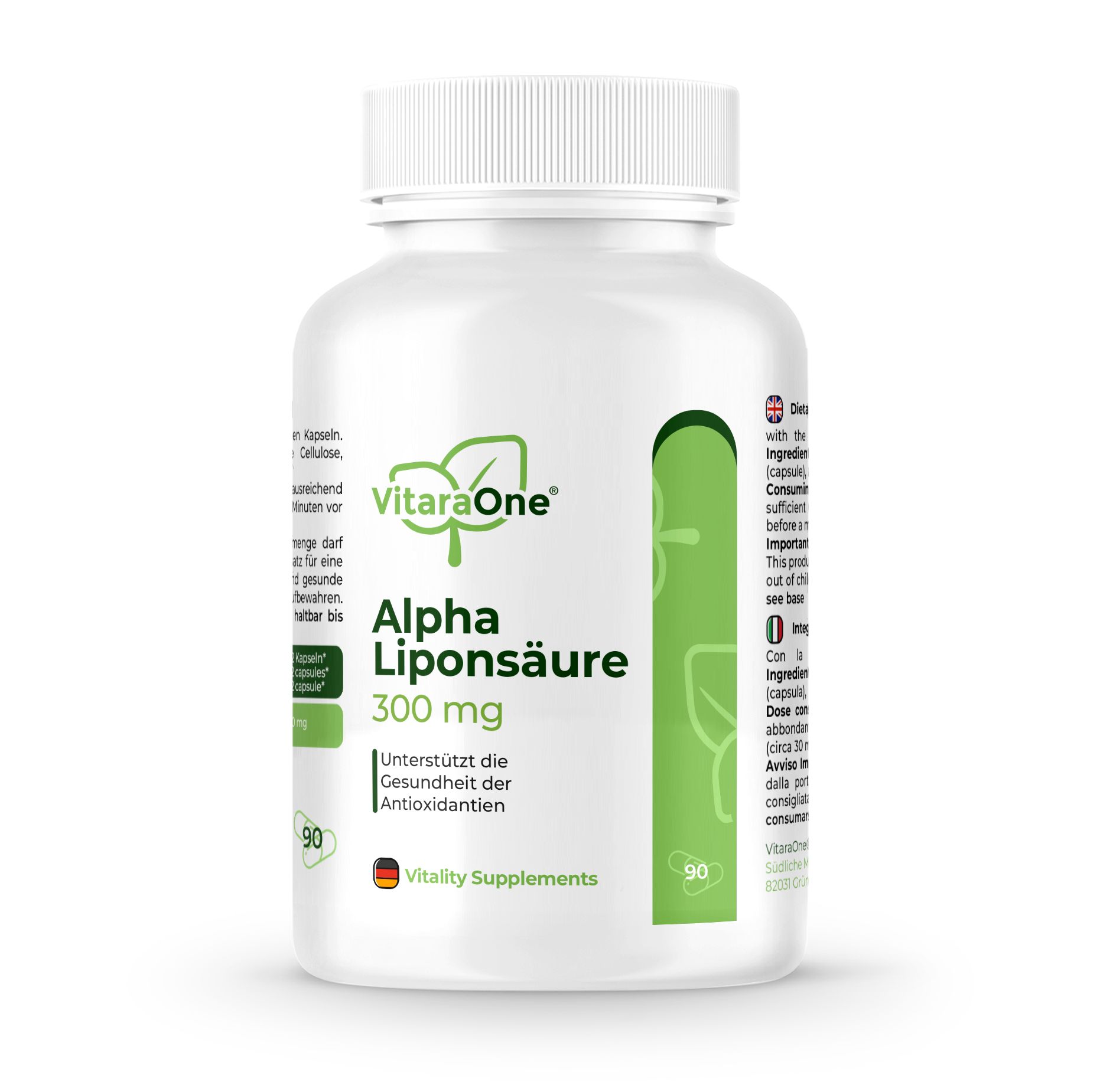 Weiße Flasche mit grünem Etikett. Enthält Kapseln. Aufschrift: VitaraOne®, Alpha Liponsäure 300 mg. 90 Kapseln.