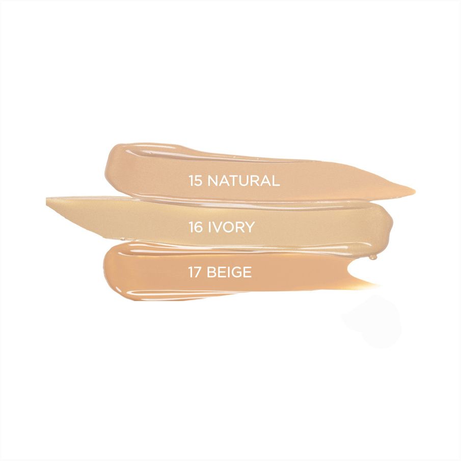 Drei Farbproben Concealer. Beschriftung: 15 Natural, 16 Ivory, 17 Beige.