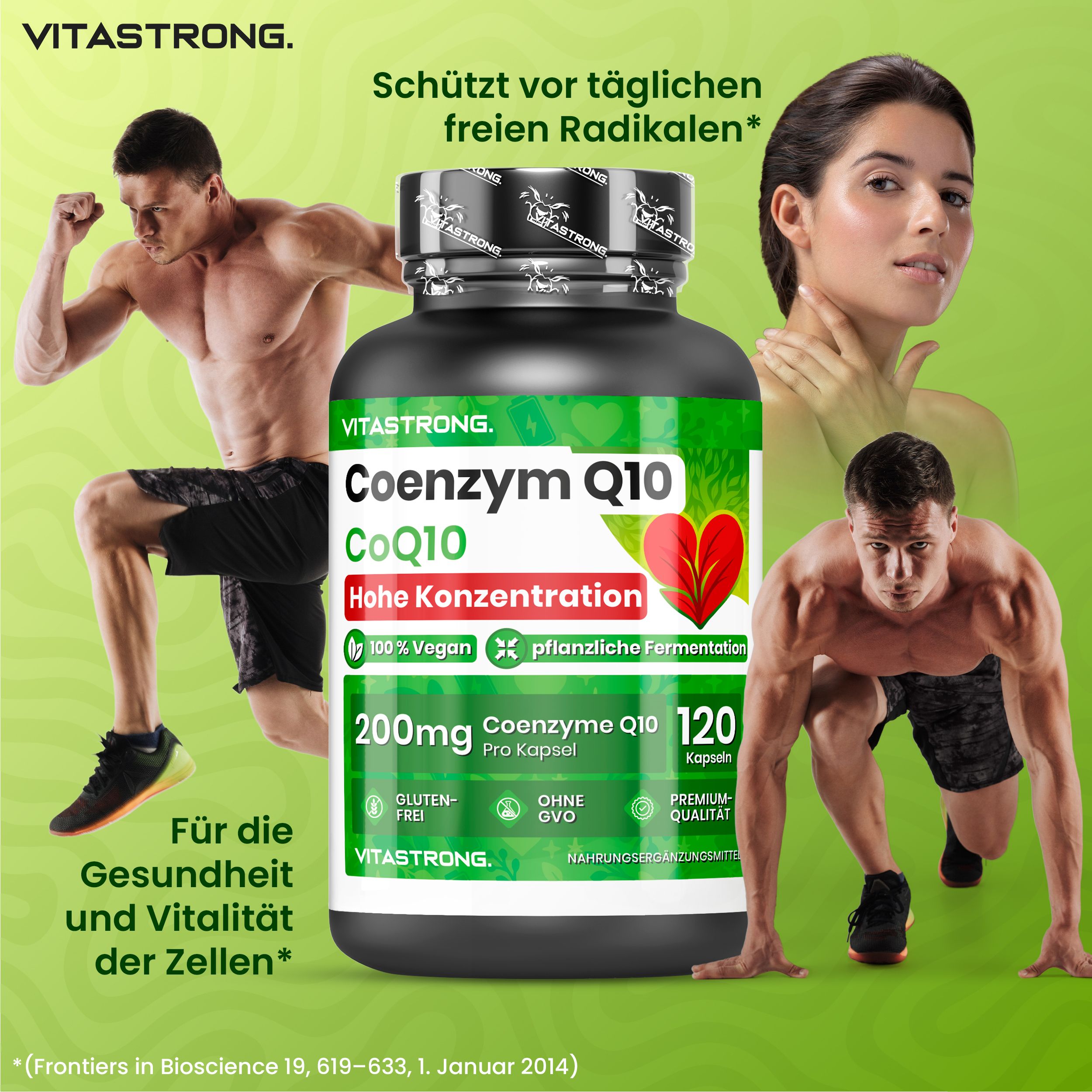 Produktflasche mit Sportlern. Text: Coenzym Q10, 200mg, 120 Kapseln. Vegan, glutenfrei, ohne GVO.