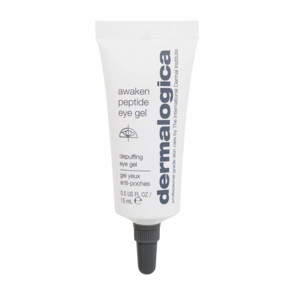 Weiße Tube mit grauer Spitze. Beschriftung: "awaken peptide eye gel", "depuffing eye gel", "dermalogica".
