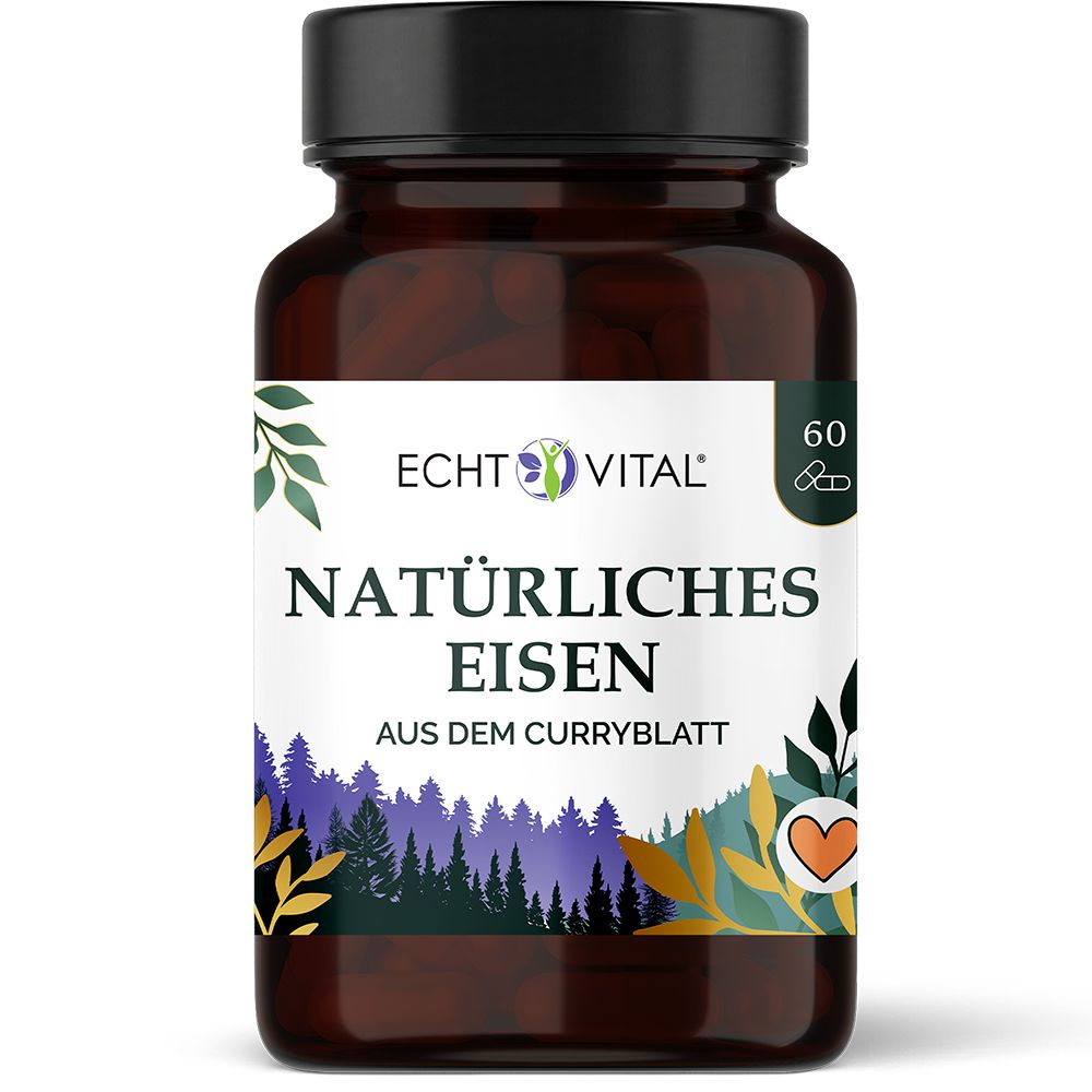 Braune Glasflasche mit 60 Kapseln "Natürliches Eisen" von Echt Vital, aus Curryblatt.