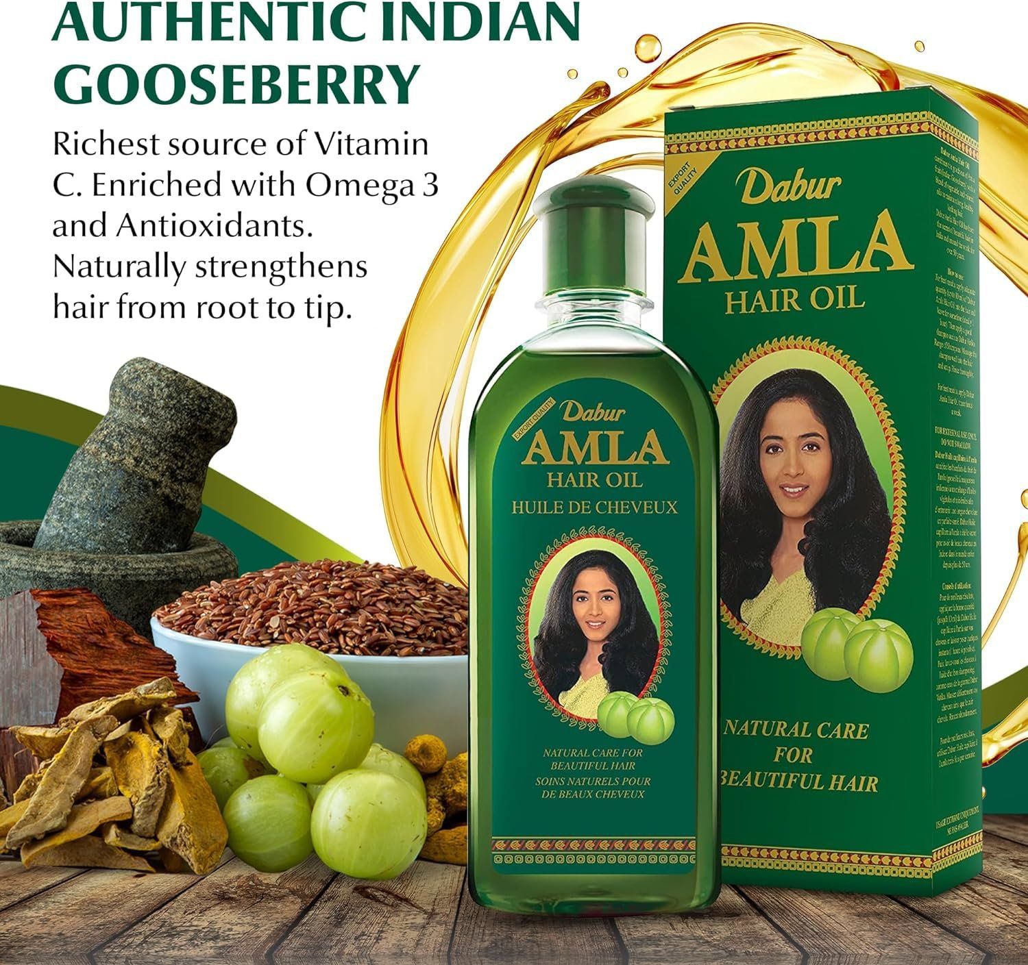 Dabur Amla Haaröl-Flasche und Karton mit Zutaten wie indischer Stachelbeere. Text: Authentische indische Stachelbeere.