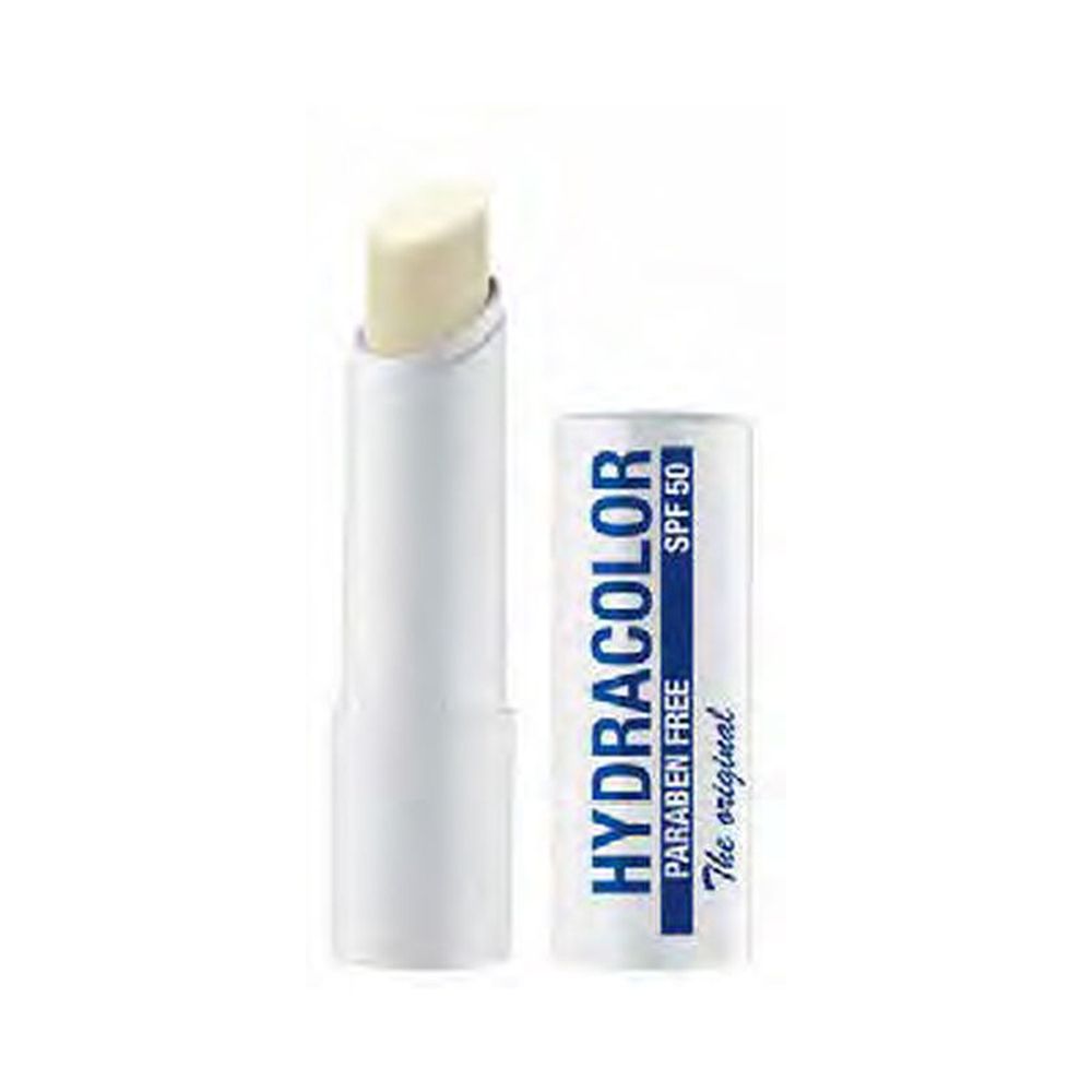 Weißer Lippenpflegestift mit geöffneter Kappe. Auf der Kappe steht „Hydracolor SPF 50“.