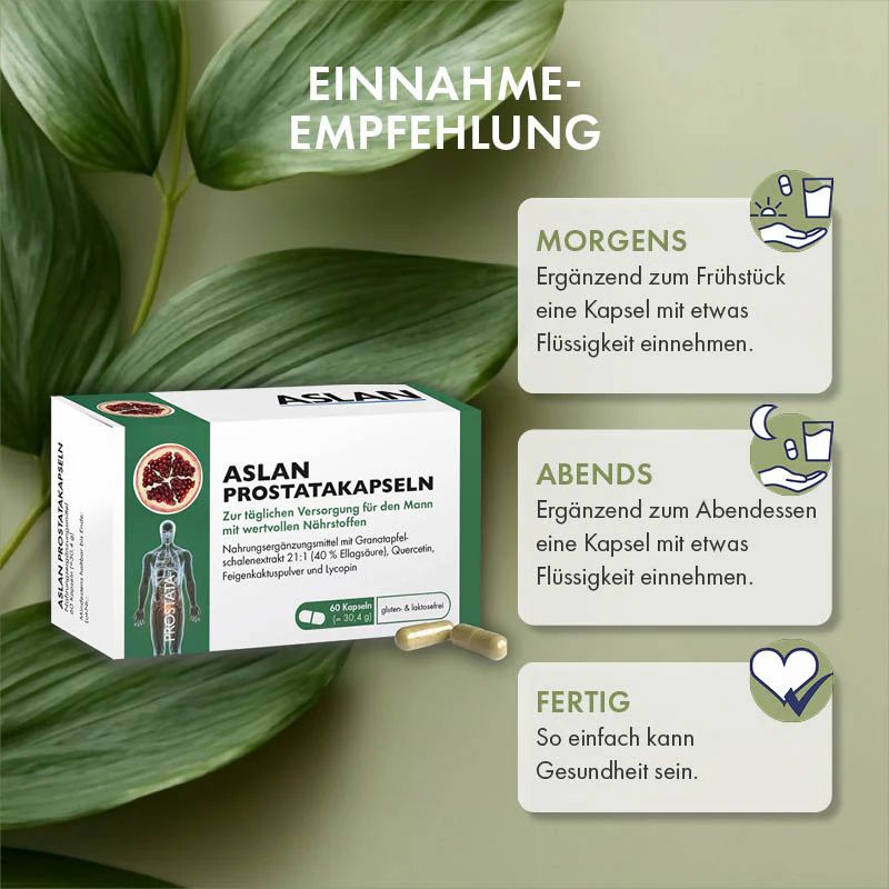 ASLAN Prostata-Kapseln Packung neben grünen Blättern, Einnahmeempfehlung: Morgens und Abends.