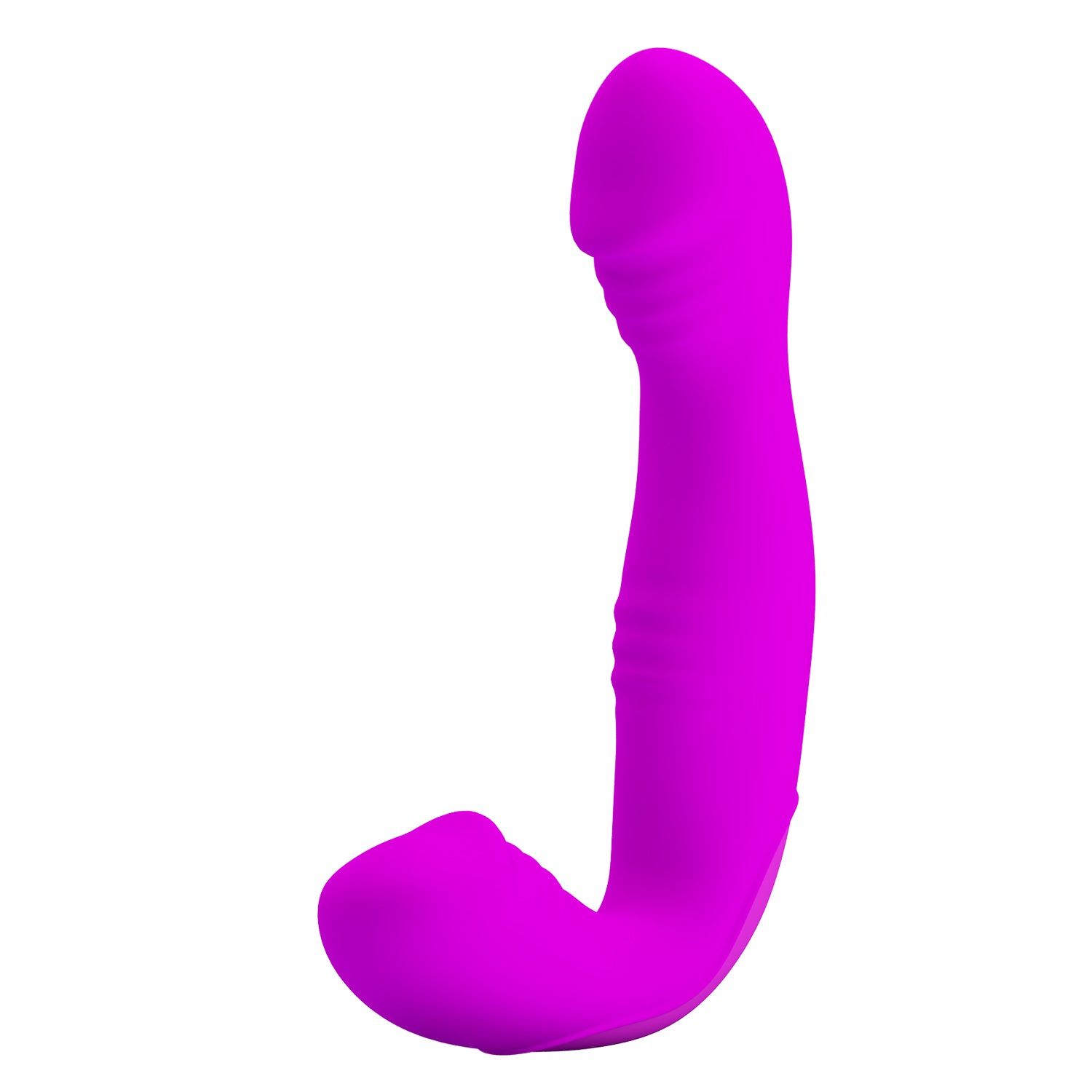 Lila Vibrator mit gebogener Form. Ein Ende abgerundet, das andere hat eine längliche Form. Glatte Oberfläche.