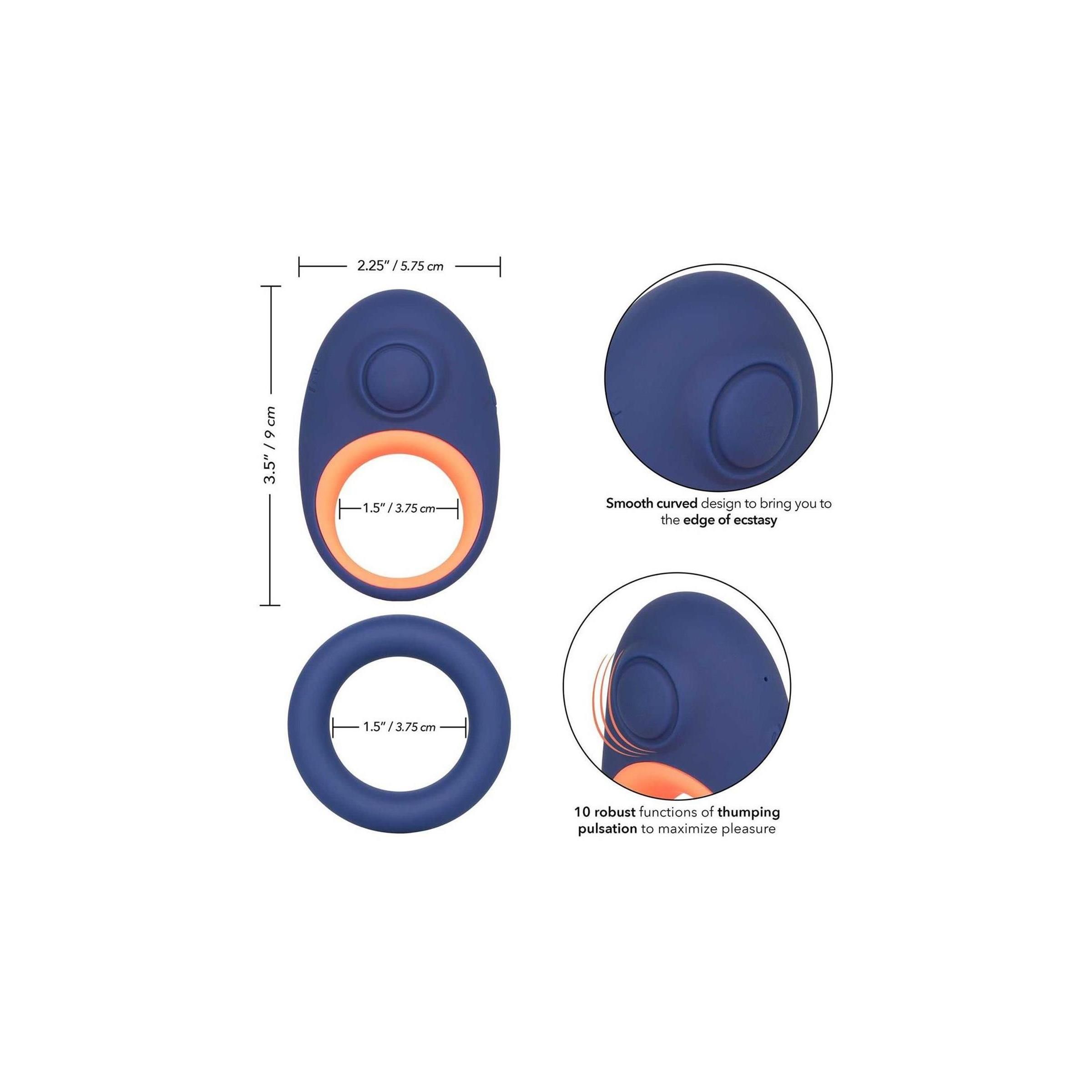 Blau-orangefarbener Ring mit Maßen. Runde Form mit Knopf.