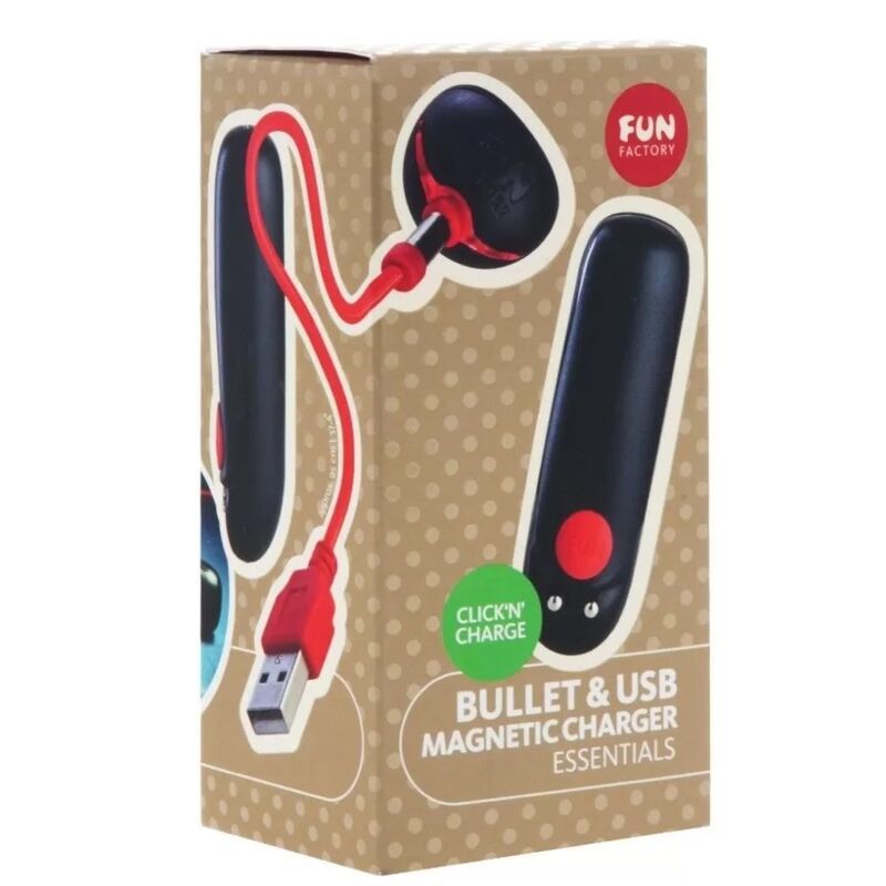 Verpackung mit schwarzem Vibrator, rotem USB-Ladekabel und Aufdruck "FUN FACTORY".