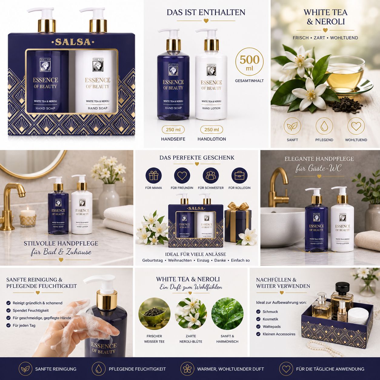 Accentra Handpflegeset Essence of Beauty White Tea & Neroli Geschenkset mit Produktinformationen und Anwendungsbeispielen.