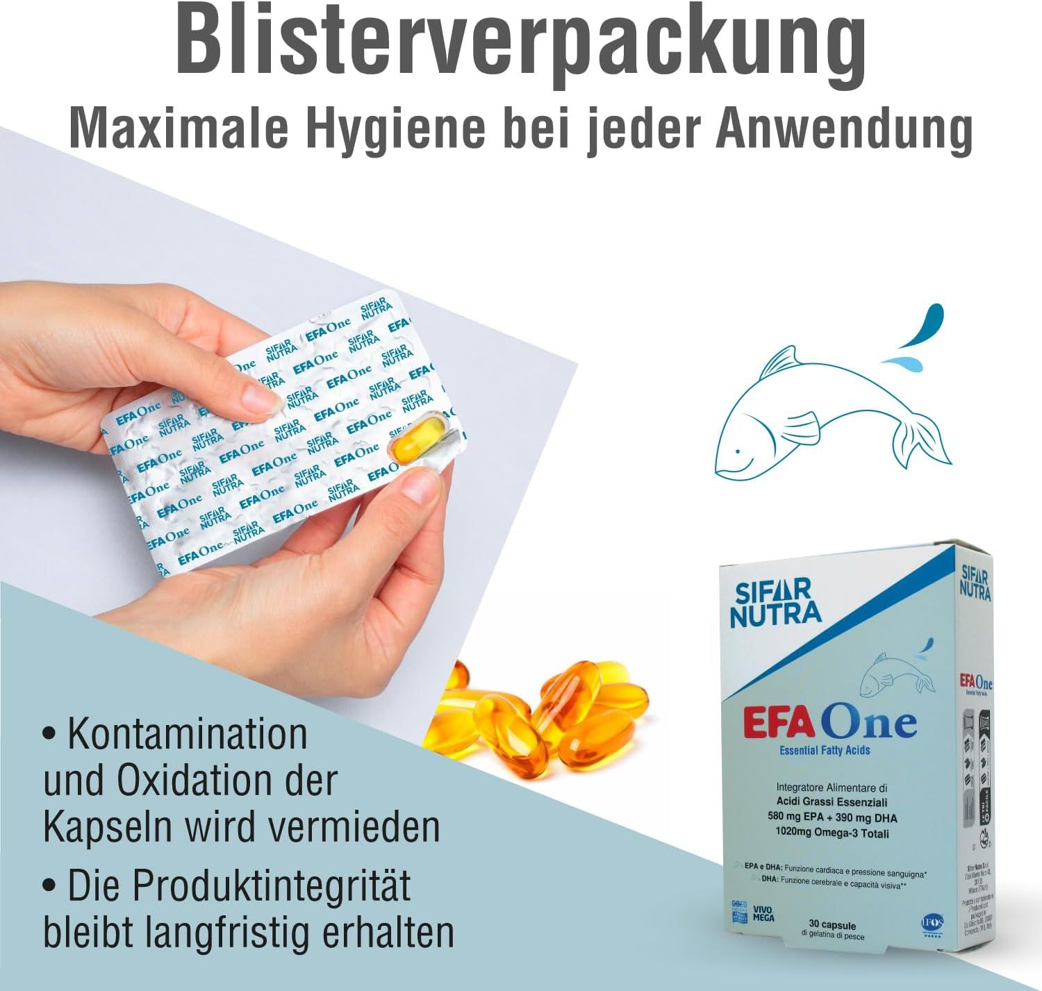 Hände halten Blisterpackung mit Kapseln. Daneben Packung Sifar Nutra EFA One. Text: Maximale Hygiene.
