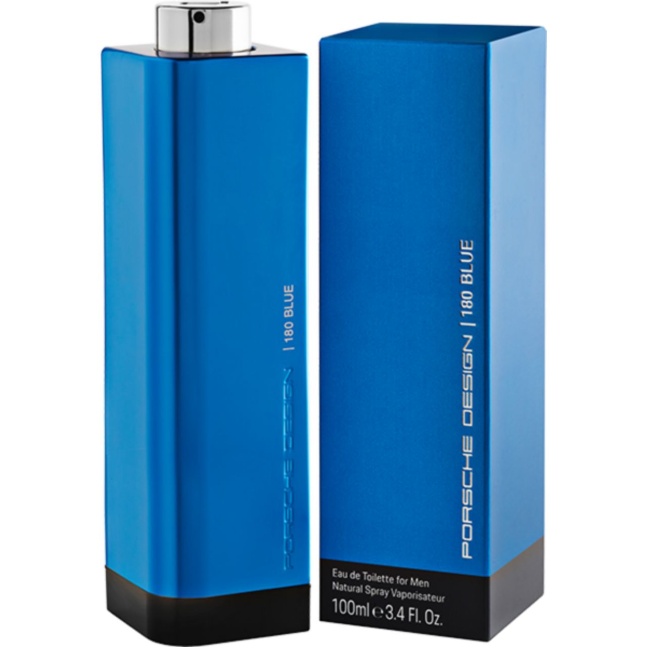 Blauer Flakon und Verpackung. Aufschrift: Porsche Design, 180 Blue. Flakon mit silbernem Zerstäuber. Schwarzer Sockel.
