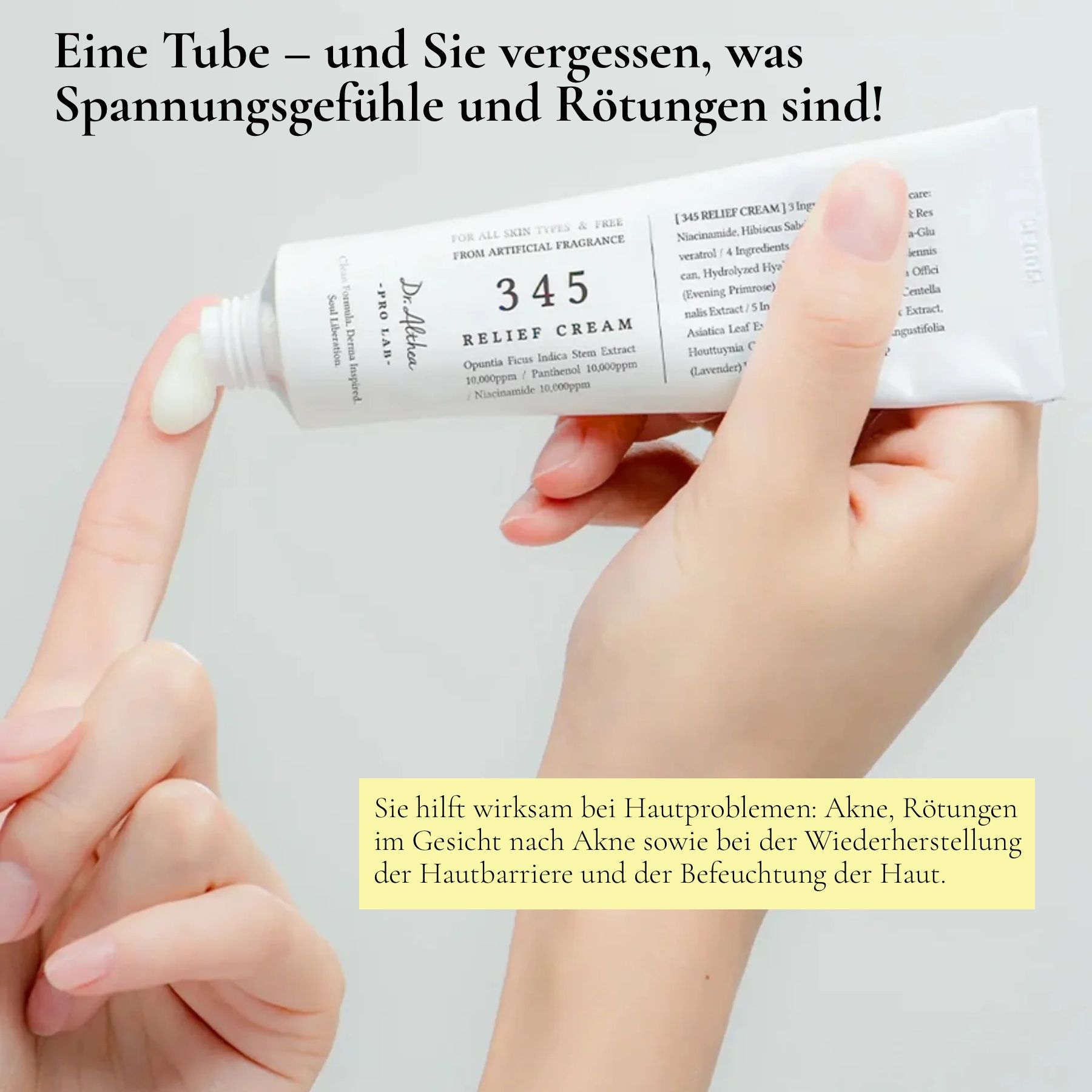Hand drückt Creme aus Tube. Text: Hilft bei Hautproblemen: Akne, Rötungen. Dr. Althea 345 Relief Cream.