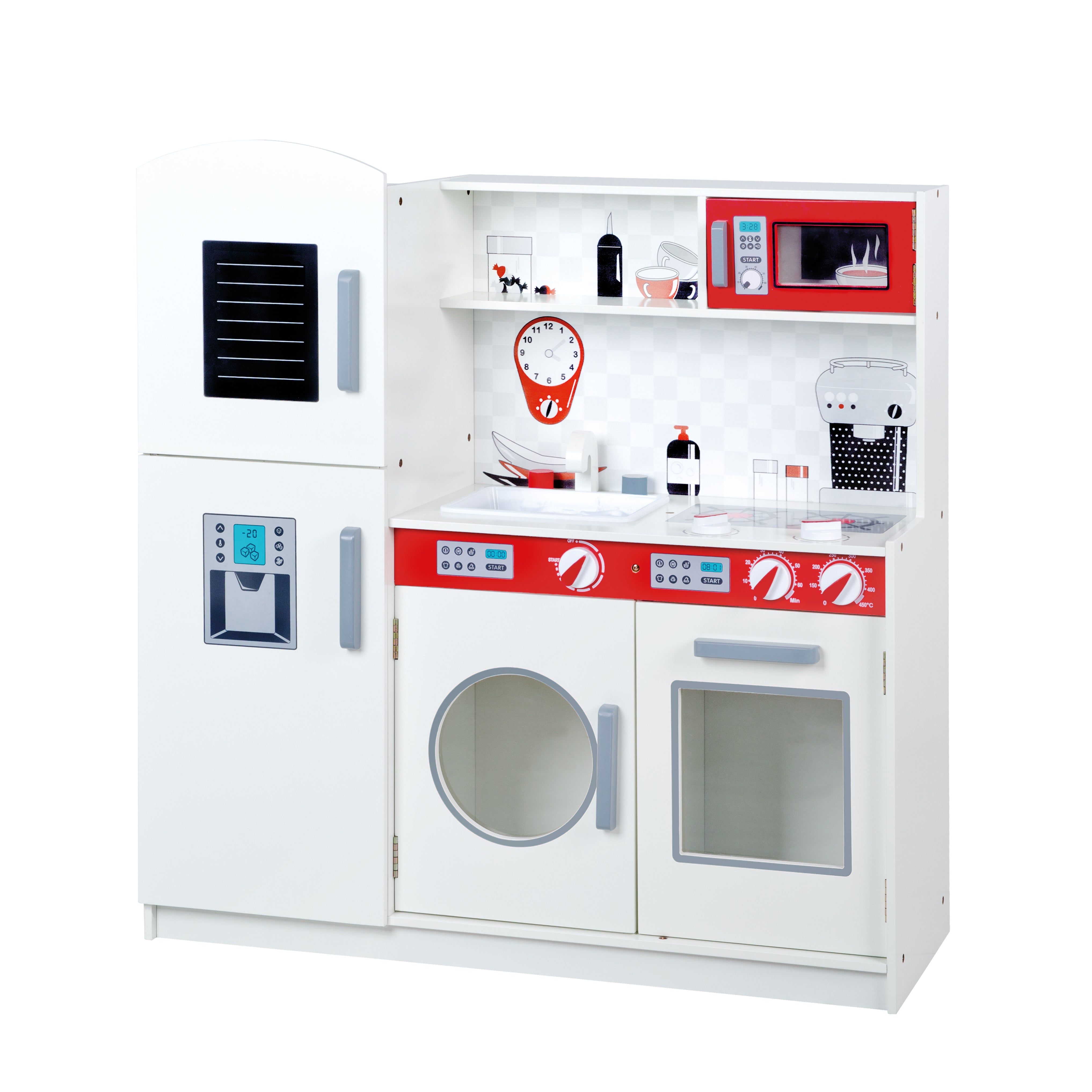 Spielzeugküche, weiß mit roten Akzenten. Enthält Kühlschrank, Mikrowelle, Waschmaschine, Ofen und Herd.