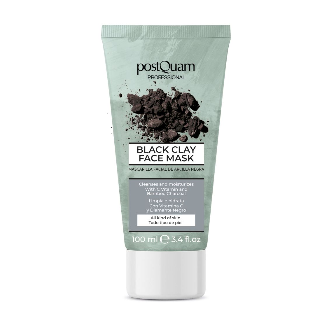 Gesichtsmaske in Tube. Text: Black Clay Face Mask, reinigt und befeuchtet mit Vitamin C und Bambus-Aktivkohle. 100 ml.