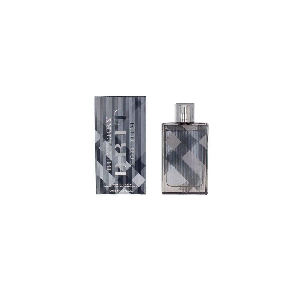 Burberry Brit for Men Eau de Toilette Spray. Flakon und Verpackung mit Karomuster. Silberner Zerstäuber.