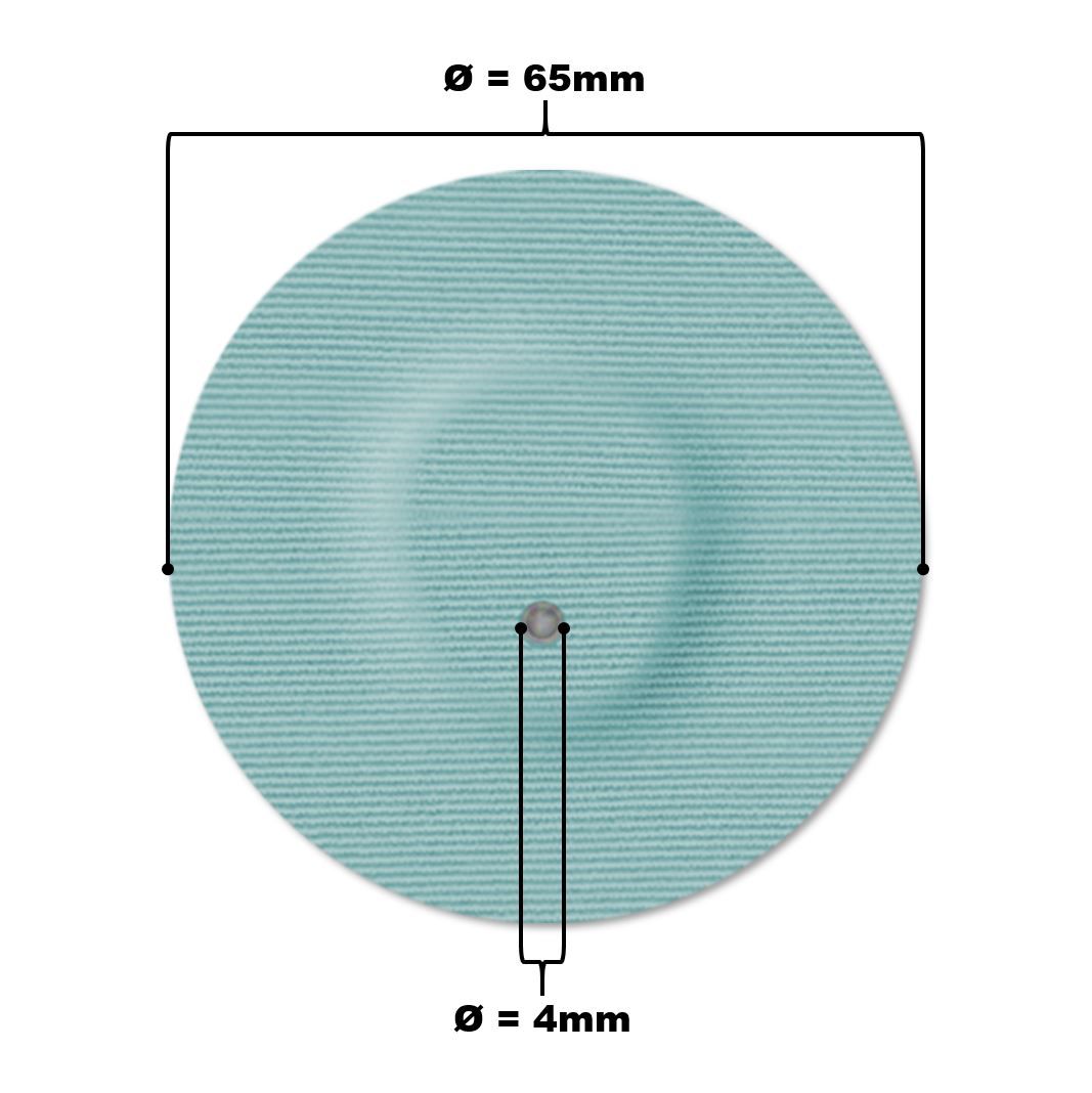 Hellblaues, rundes Pflaster mit Loch. Durchmesser 65mm, Loch 4mm. Beschriftung mit Maßen.