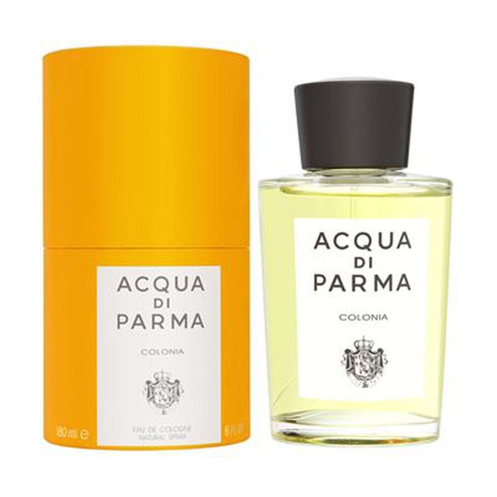 Glasflakon und zylindrische Verpackung. Aufschrift: Acqua di Parma Colonia. Logo und Text auf weißem Etikett.