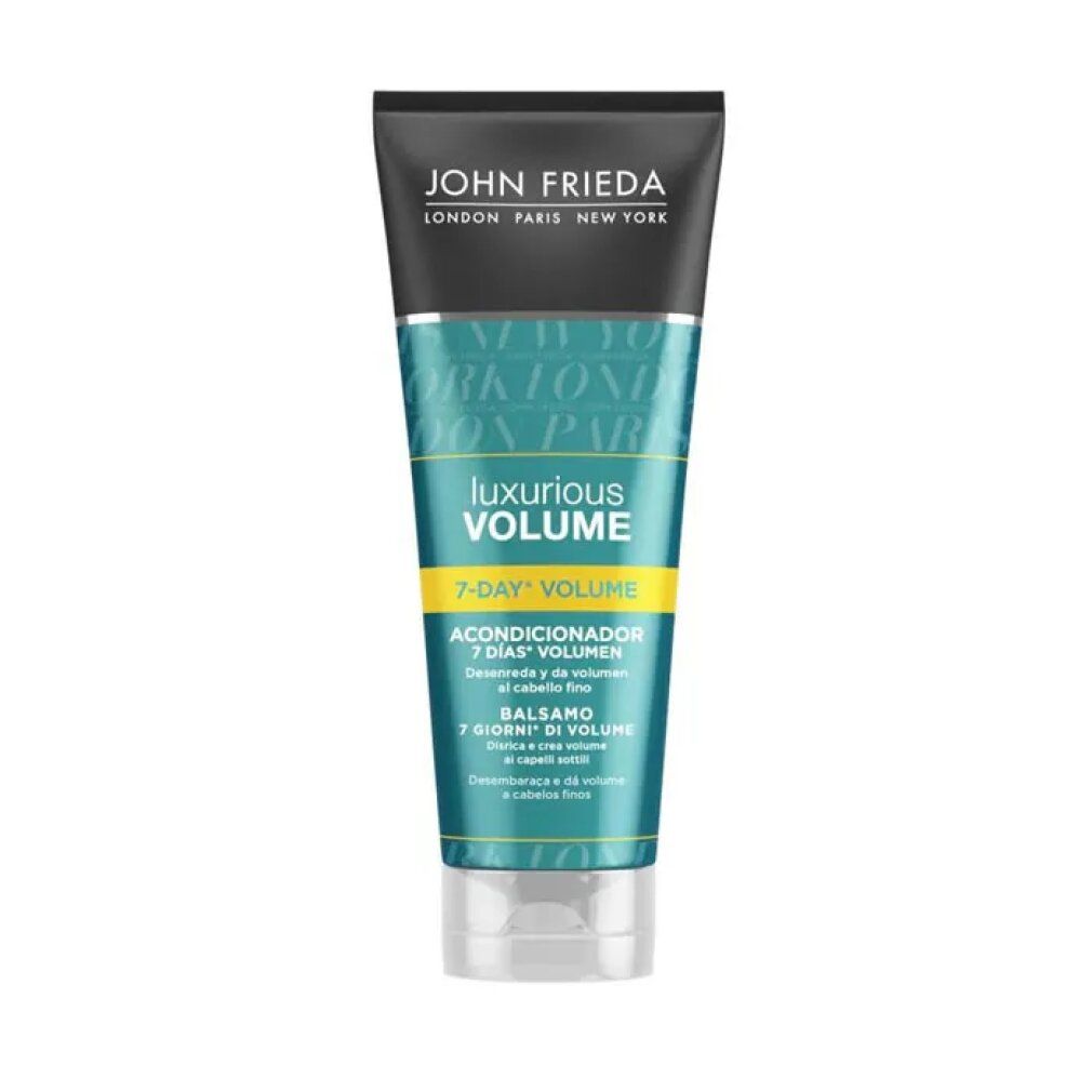 John Frieda Balsam-Tube. Luxuriöses Volumen, 7 Tage Volumen. Für feines Haar. Grün-weißes Design mit schwarzem Deckel.