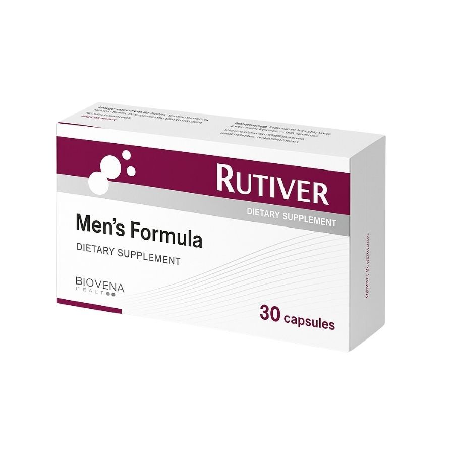 Weißer Karton mit der Aufschrift "Rutiver Men's Formula". Enthält 30 Kapseln. Marke: Biovena Health.