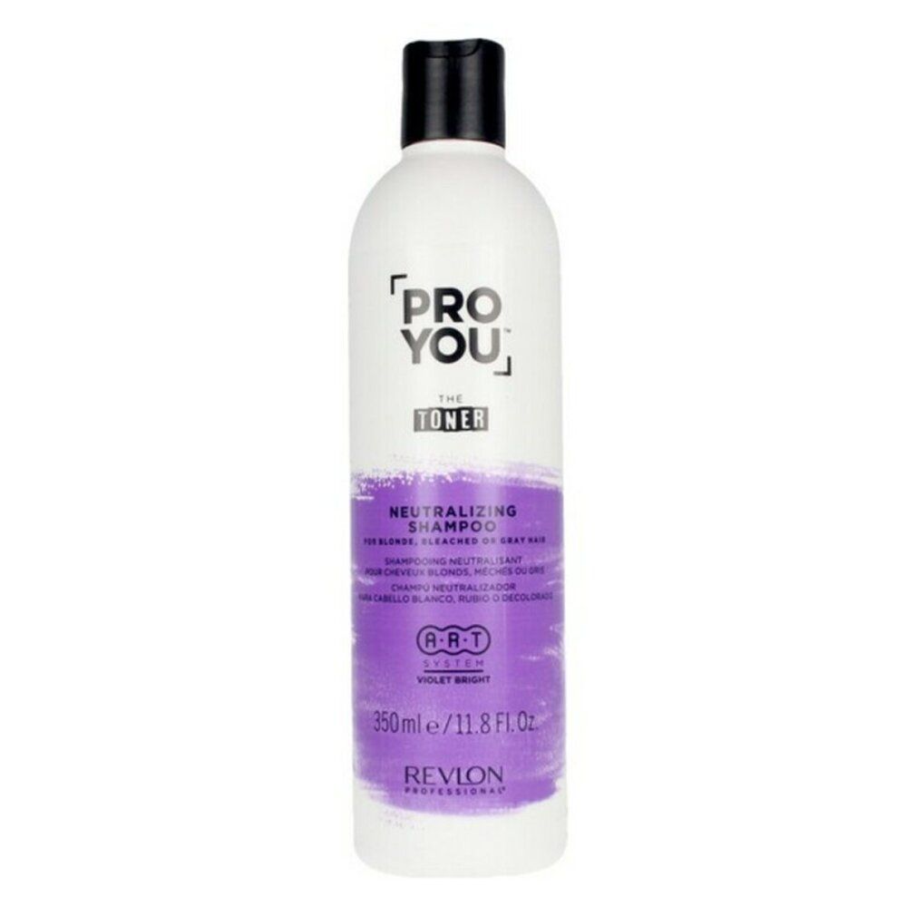 Weiße Flasche mit schwarzem Deckel. Aufkleber mit lila Farbverlauf und Text: PRO YOU, THE TONER, NEUTRALIZING SHAMPOO, 350ml/11.8 Fl. Oz.