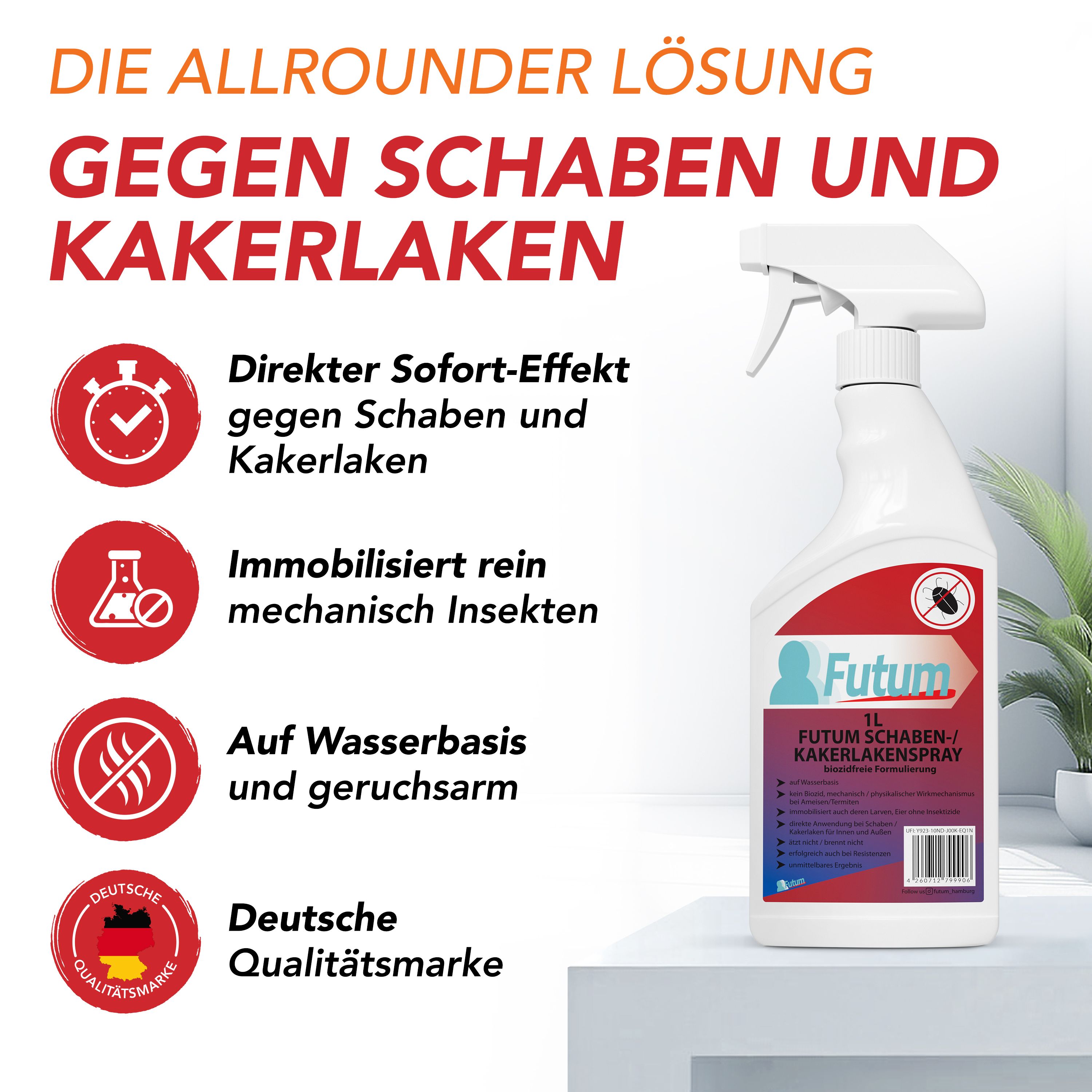 FUTUM Schaben-/Kakerlakenspray-Flasche mit Text und Icons. Deutsche Qualitätsmarke. Text: Direkter Sofort-Effekt, auf Wasserbasis, geruchsarm.