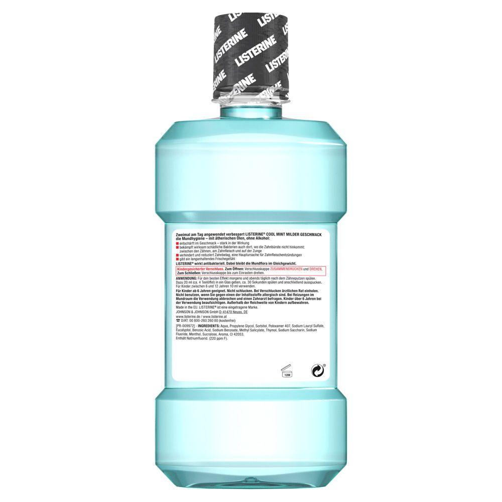 Rückseite einer hellblauen Flasche mit schwarzem Deckel. Textinformationen auf weißem Hintergrund.