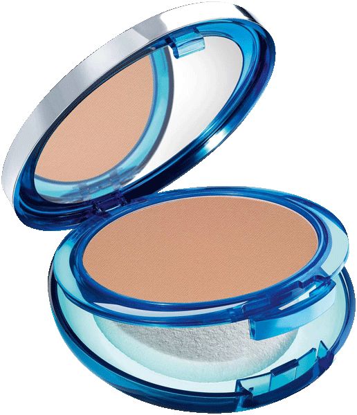 Offener kompakter Puder mit Spiegel, braunem Puder und weißem Schwämmchen. Blaue Hülle.