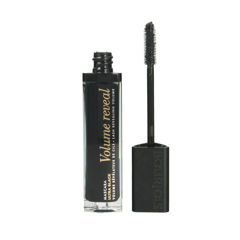 Schwarze Mascara-Tube mit Bürste. Aufschrift: Volume Reveal. Bürste mit Borsten. Goldfarbene Schrift.