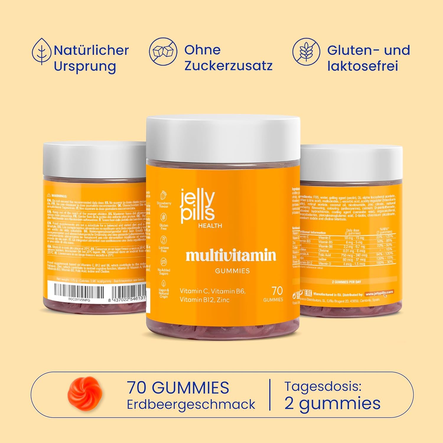 Drei Dosen Jelly Pills Multivitamin Gummies. 70 Gummies. Natürlicher Ursprung, ohne Zuckerzusatz, gluten- und laktosefrei.