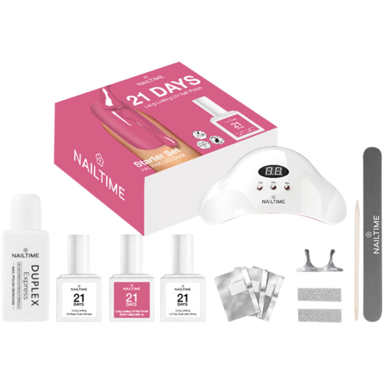 Nagelset mit UV-Lampe, Feile, Nagellack und Zubehör. Rosa Verpackung mit "Nailtime" und "21 Days" Schriftzug.
