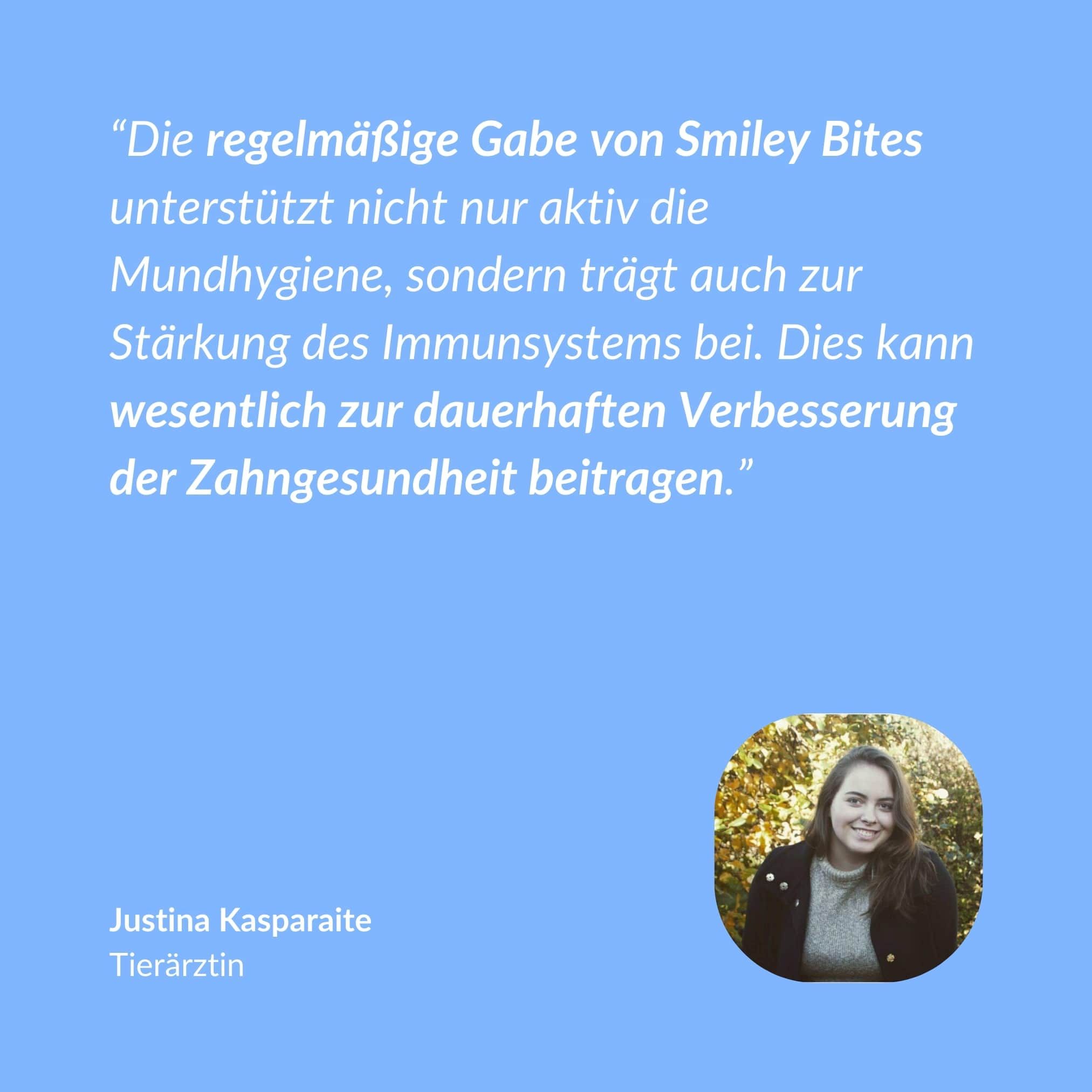 Text über die Vorteile von Smiley Bites für die Mundhygiene und das Immunsystem. Bild einer Tierärztin.