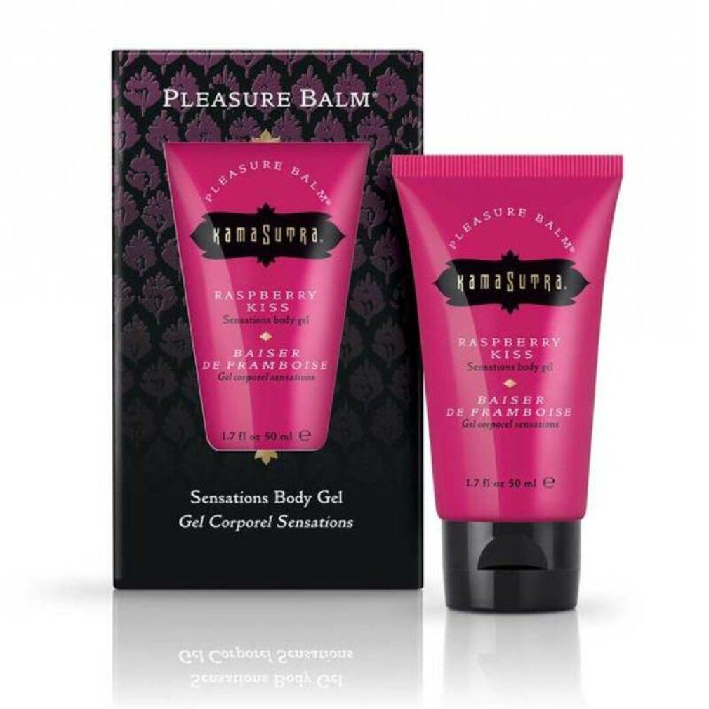 Kamasutra Pleasure Balm Himbeere Sensations Body Gel in Pinker Tube und Kartonverpackung.