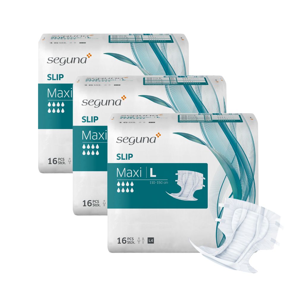 Drei Packungen SEGUNA Slip Maxi. Weiße Verpackung mit Produktbezeichnung und Tropfensymbol. Eine Packung zeigt ein offenes Produkt.