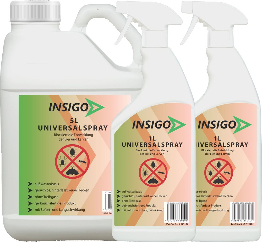 Drei weiße Flaschen INSIGO Universal Insektenspray. Eine 5L-Kanister und zwei 1L-Sprühflaschen. Aufschrift: Blockiert die Entwicklung der Eier und Larven.