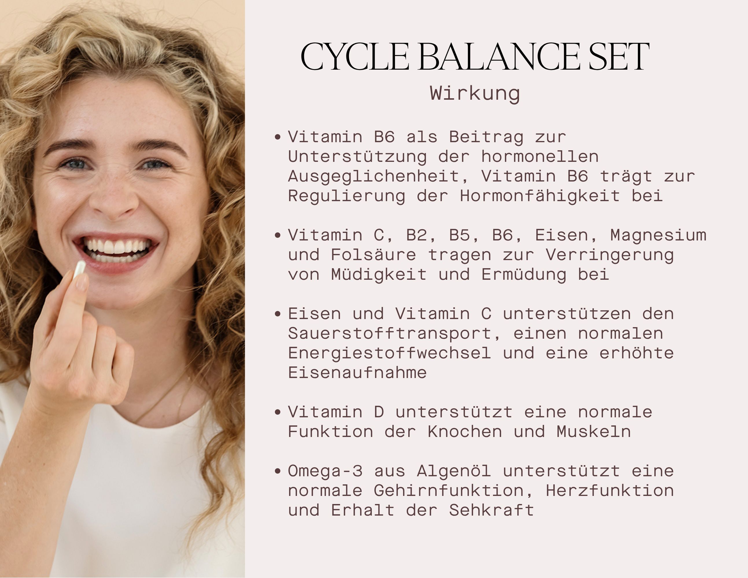 Infografik. Cycle Balance Set. Frau lächelt. Text über die Wirkung von Vitaminen und Omega-3 auf den Körper.