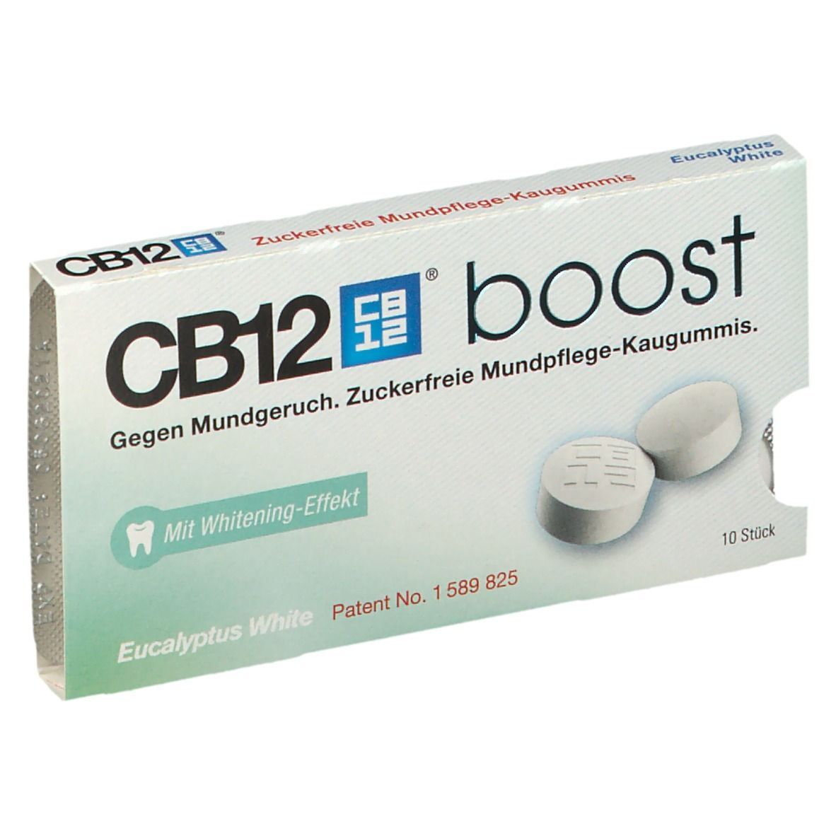 Schachtel mit CB12 boost Kaugummis. Zwei Kaugummis liegen daneben. Text: Gegen Mundgeruch. Mit Whitening-Effekt. 10 Stück.