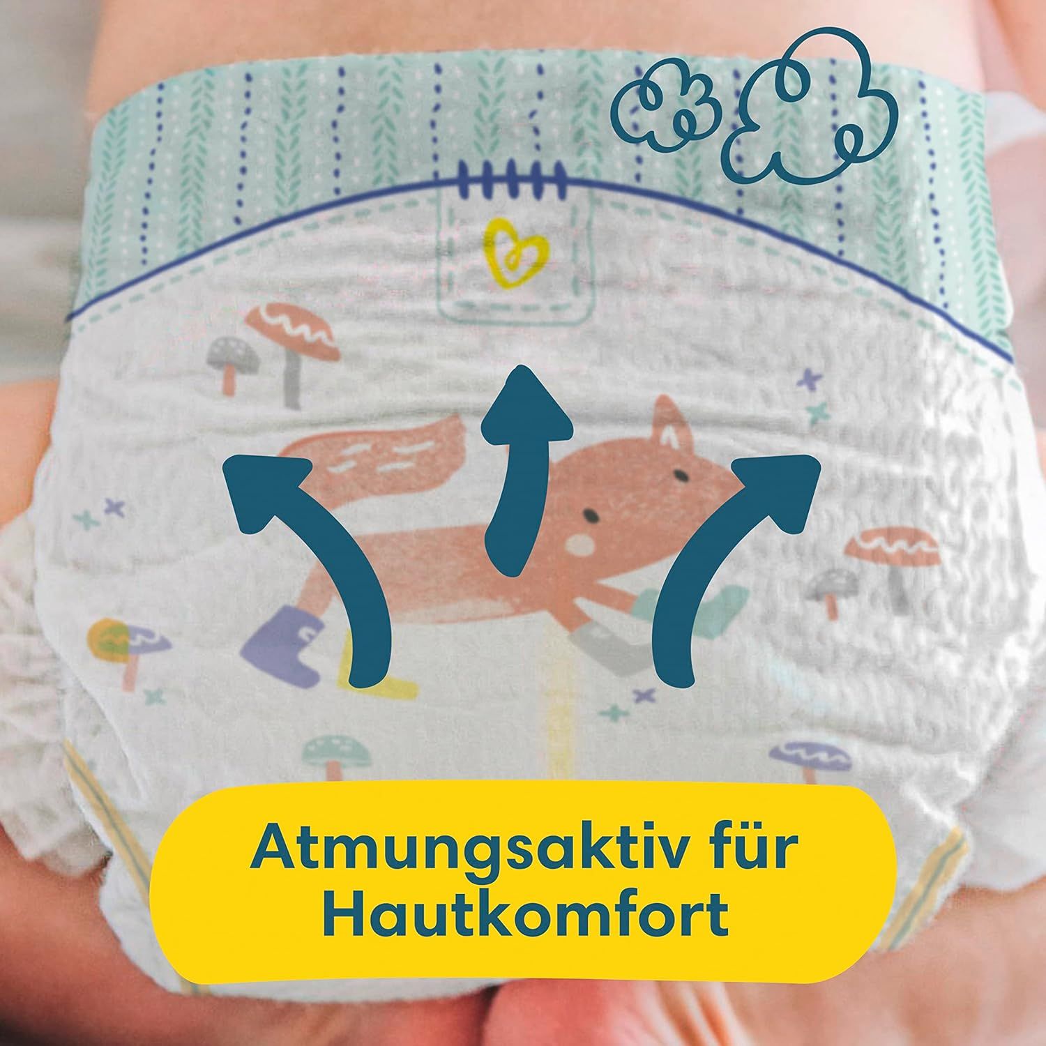 Nahaufnahme einer Windel mit Illustrationen. Pfeile zeigen die Atmungsaktivität. Text: Atmungsaktiv für Hautkomfort.