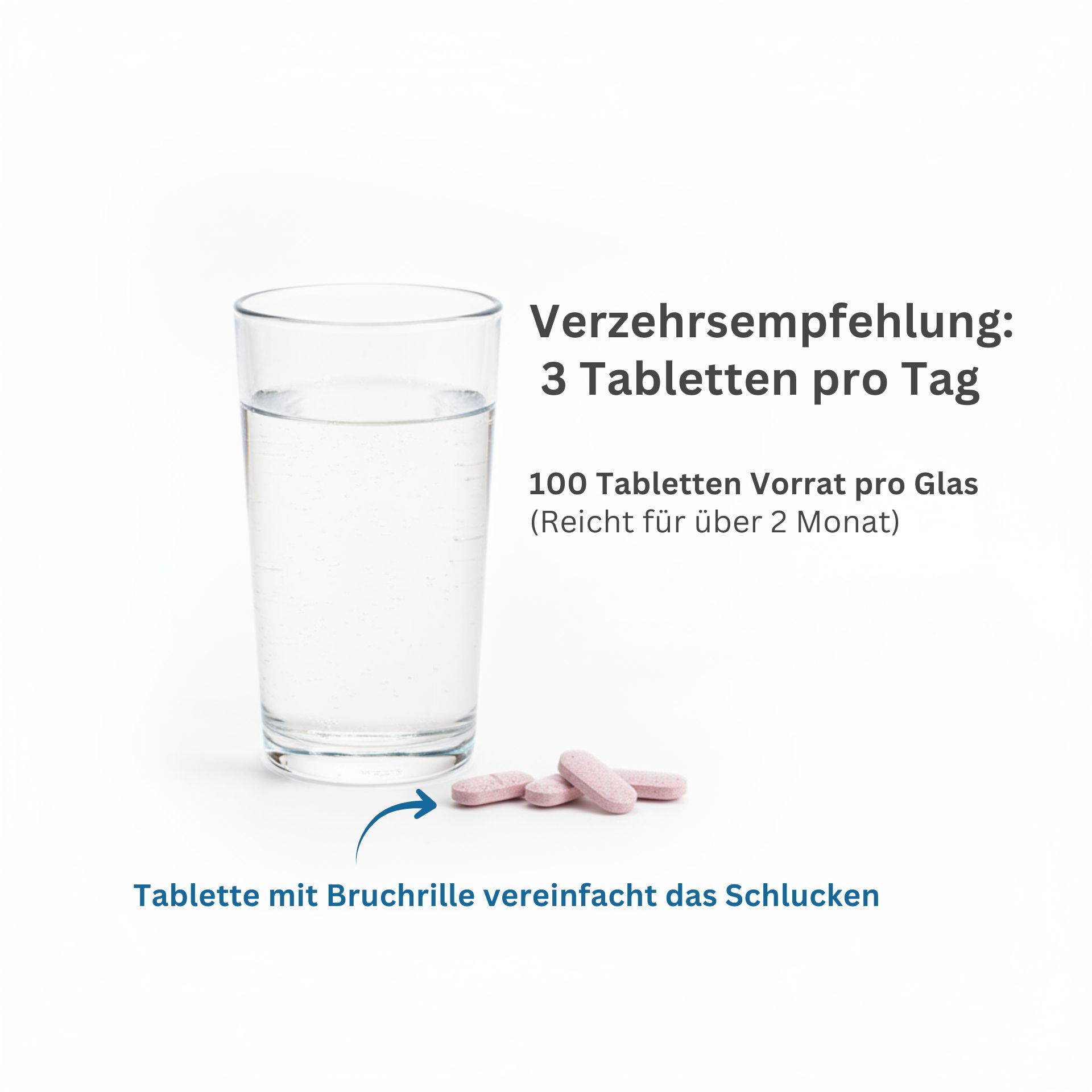 Glas Wasser mit drei Tabletten daneben. Text: Verzehrsempfehlung: 3 Tabletten pro Tag. 100 Tabletten Vorrat pro Glas.