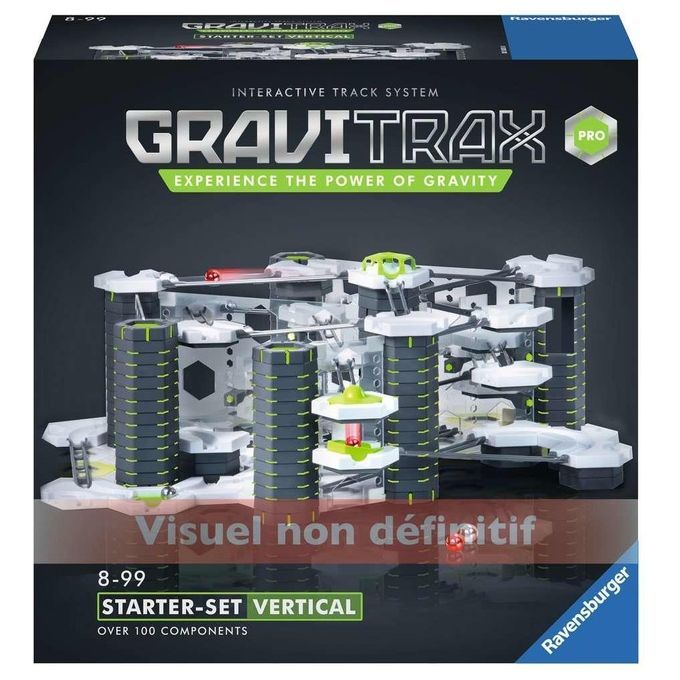 Ravensburger GraviTrax Pro Starter-Set Vertical. La confezione mostra un complesso sistema di piste per biglie con oltre 100 componenti. Il set include elementi grigi, verdi e trasparenti. Il nome GraviTrax è ben visibile sulla confezione.