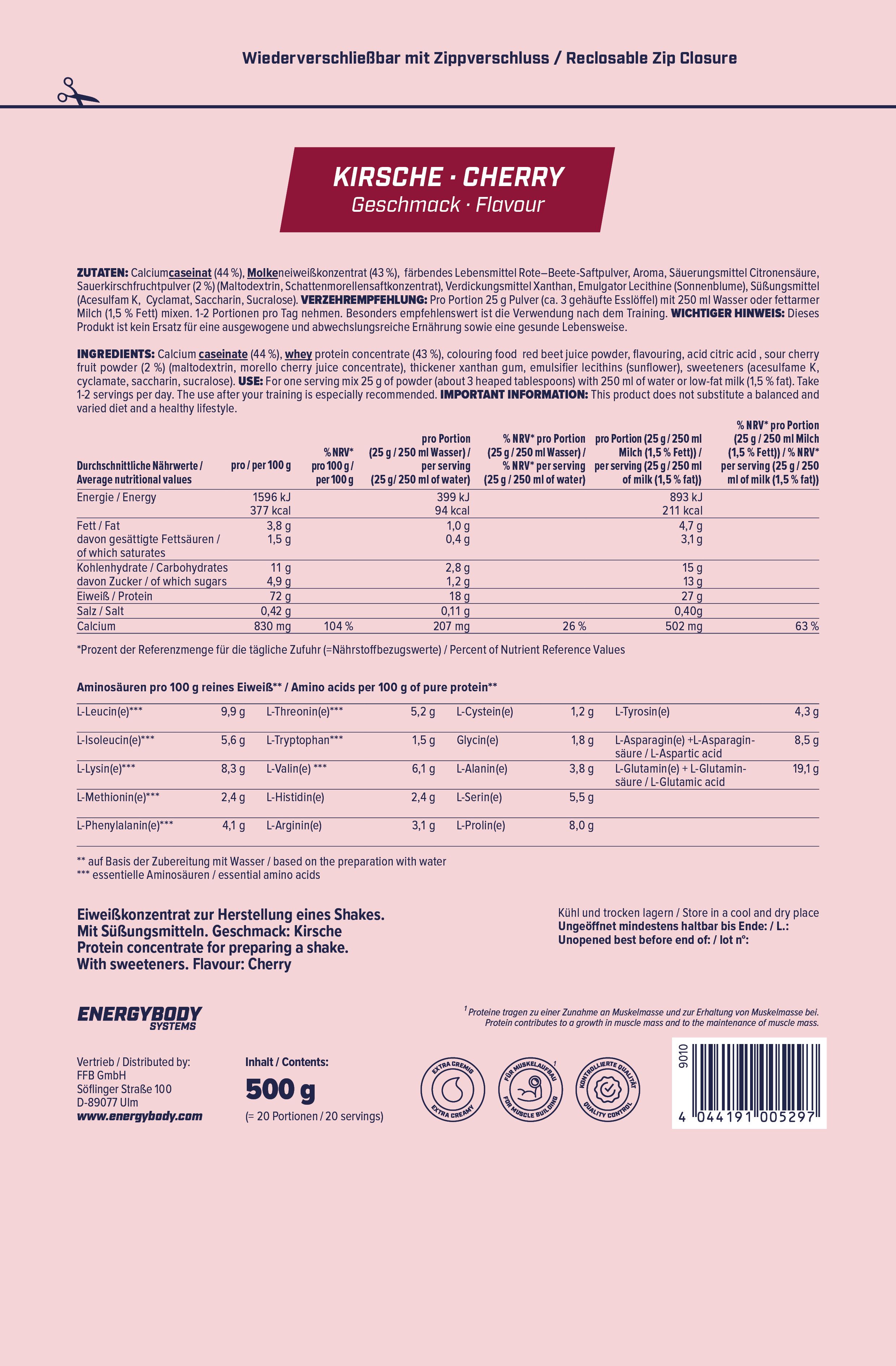 Rückseite der Energybody Mega Protein Verpackung. Enthält Nährwertangaben und Aminosäuren.