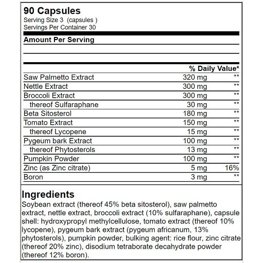 Schwarze Flasche mit goldfarbenem Etikett. Aufschrift: Prostate Support Complex. 90 Kapseln. Marke: GN Laboratories.
